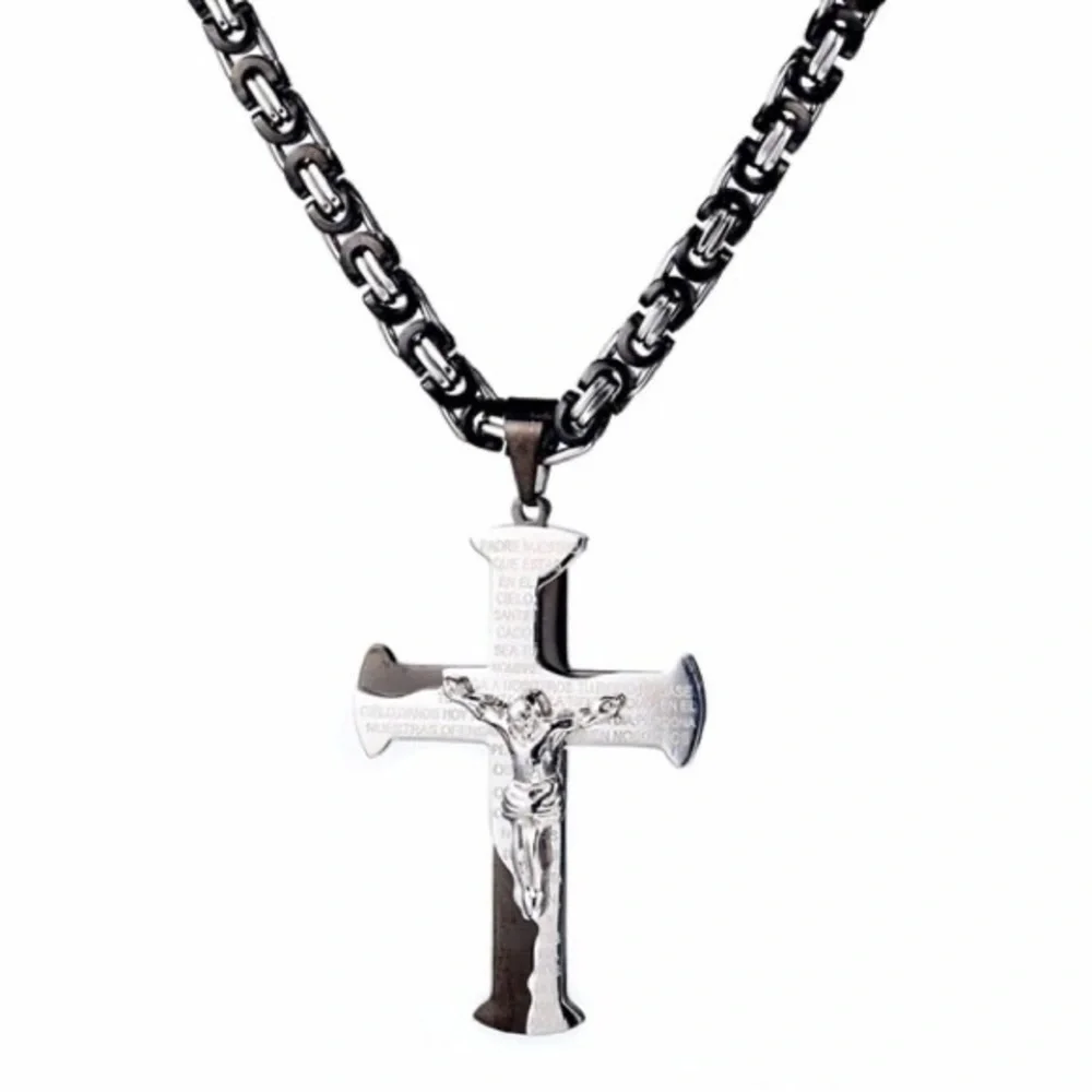 Jesus Crucifix Cross Necklace For Men Black and Silver Color Stainless Steel
